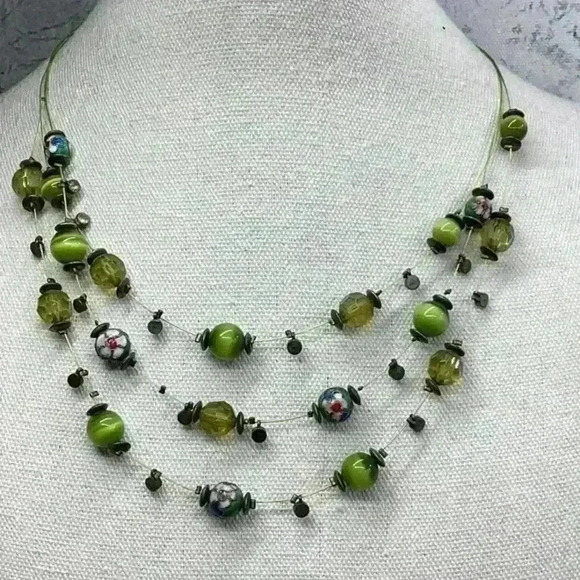 Vintage Jewelry - Vintage Cloisonné and Green Glass Beaded Wire Necklace